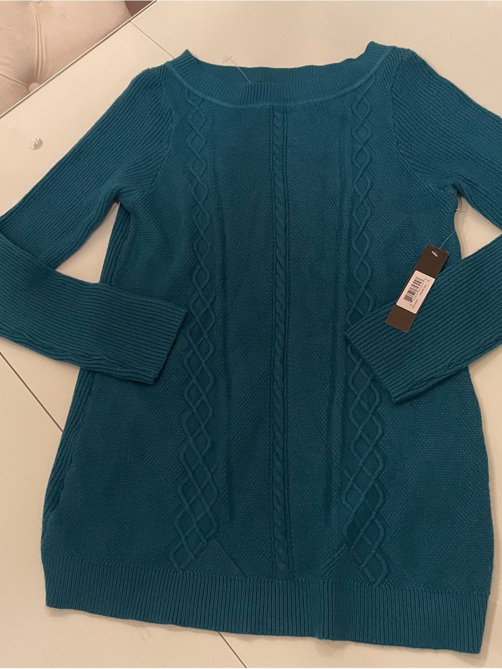 Cyrus Teal Cable-Knit Scoop Neck Sweater Tunic